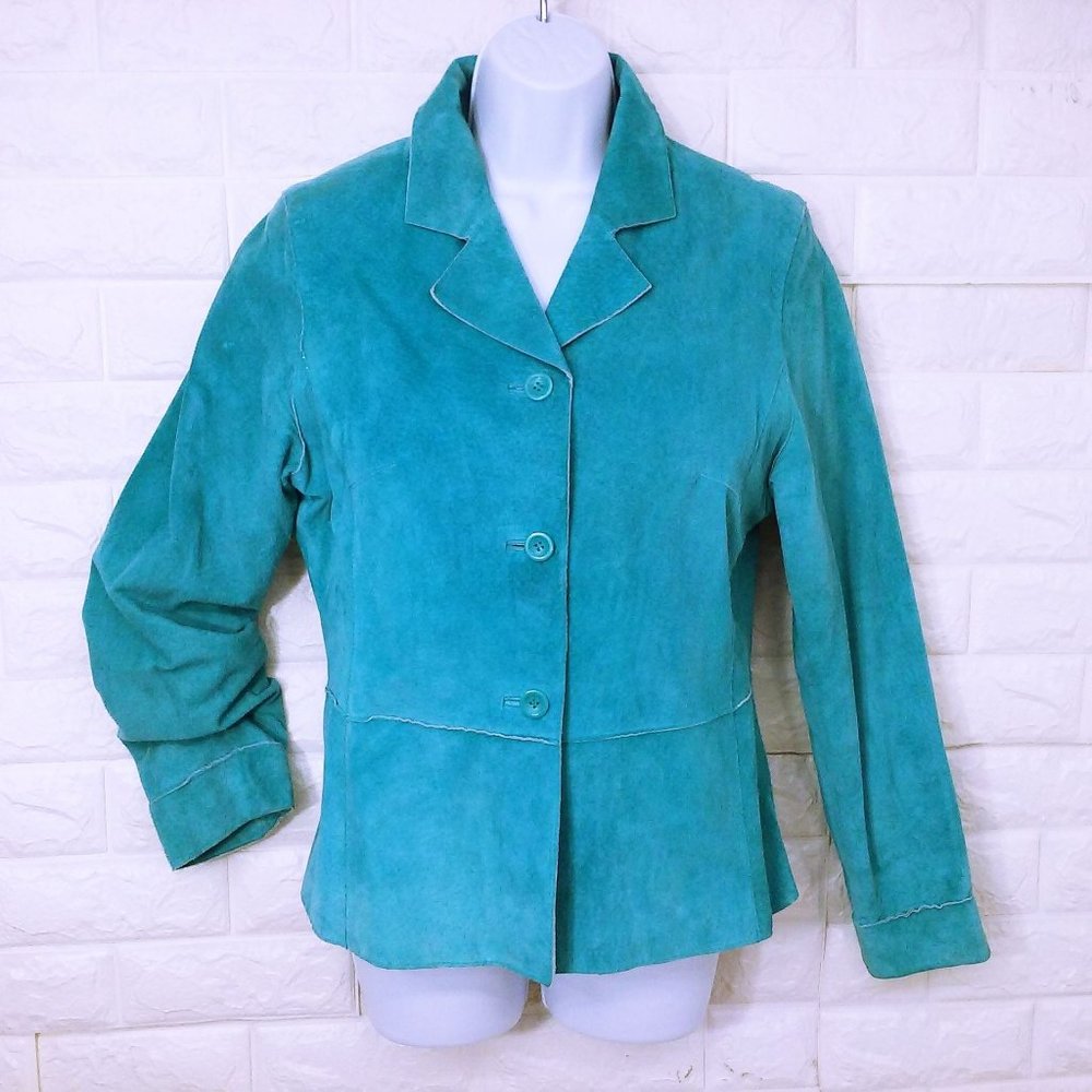 Vintage Suedessence Suede Leather Jacket Blazer -M Button-up Bright Turquoise